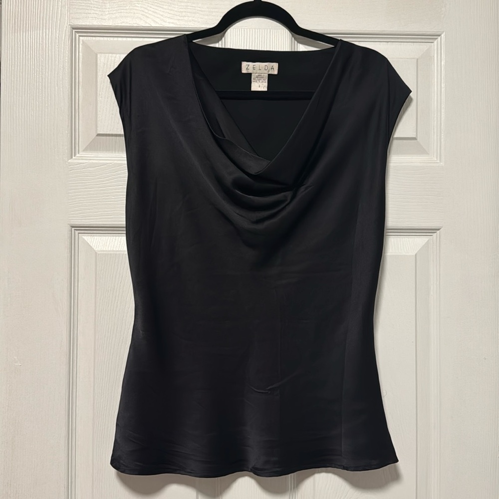 Black Zelda Cowlneck Silk Top — 100% Silk